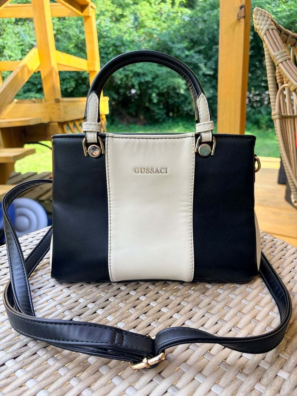 Gussaci Black and Cream Colorblock Satchel Top Handle Bag
